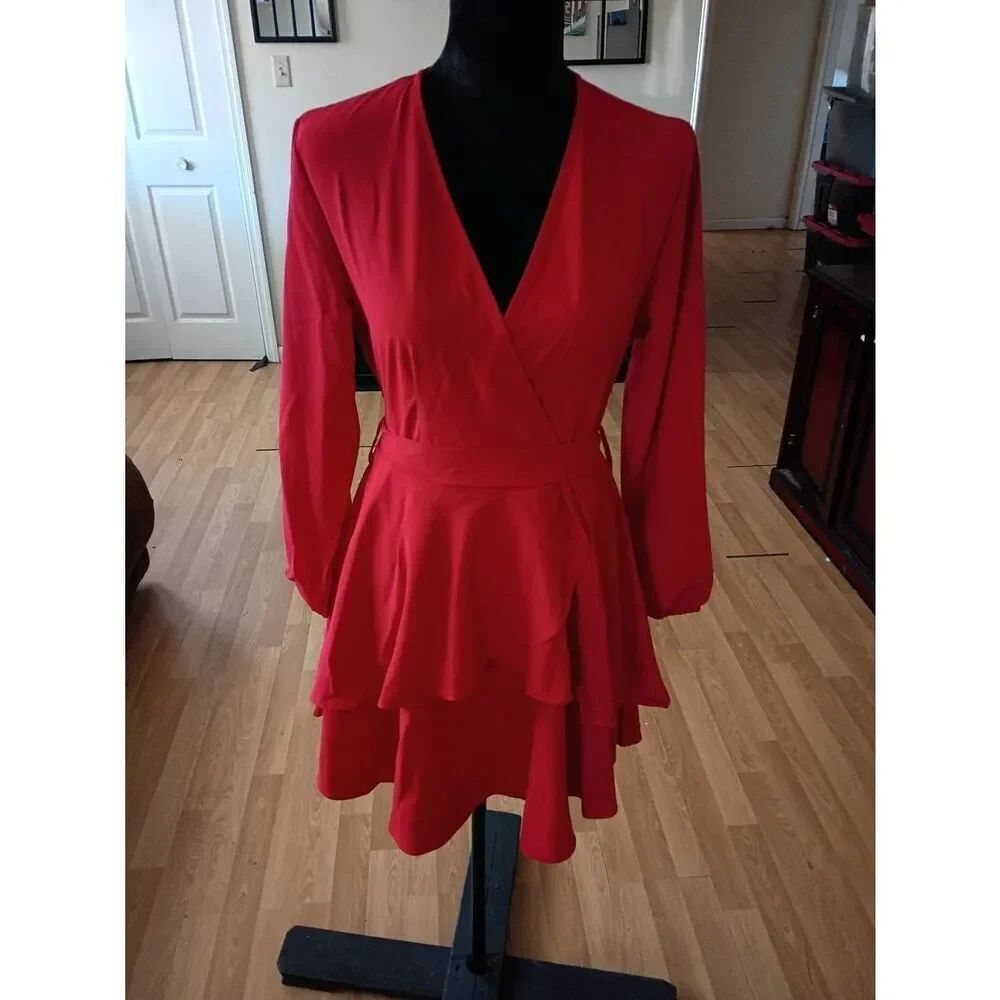 Medium Red Deep VNeck Long Sleeve Belted Ruffle Mini Dress